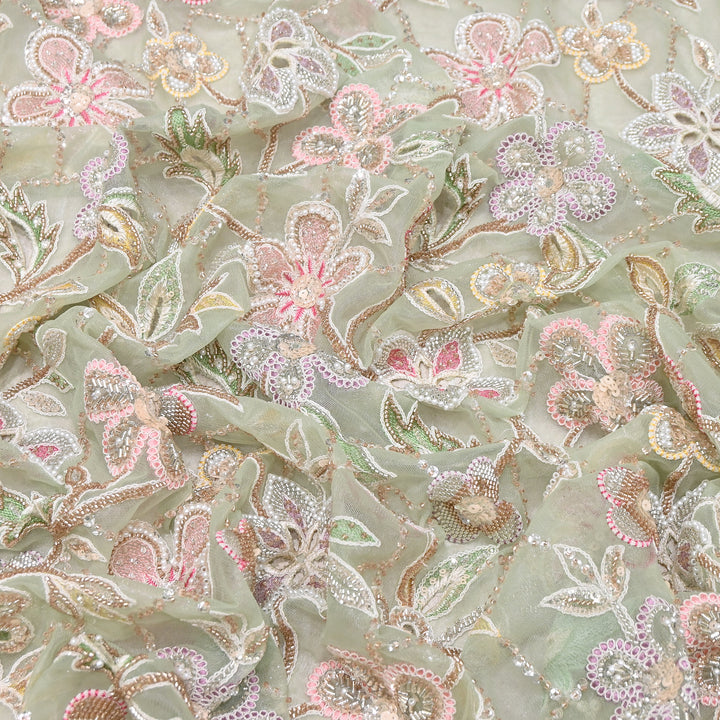Premium Dyed Net Moti Sequins & Thread Work Embroidery Fabric | VI3345C-05