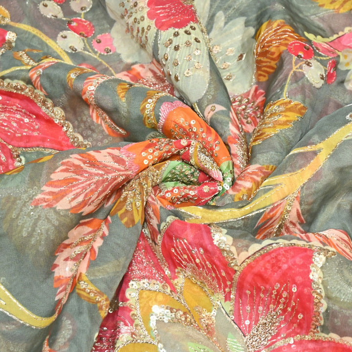Viscose Organza Position Print Zari & Sequins Embroidery Fabric – Premium Designer Fabric-V1117C-6