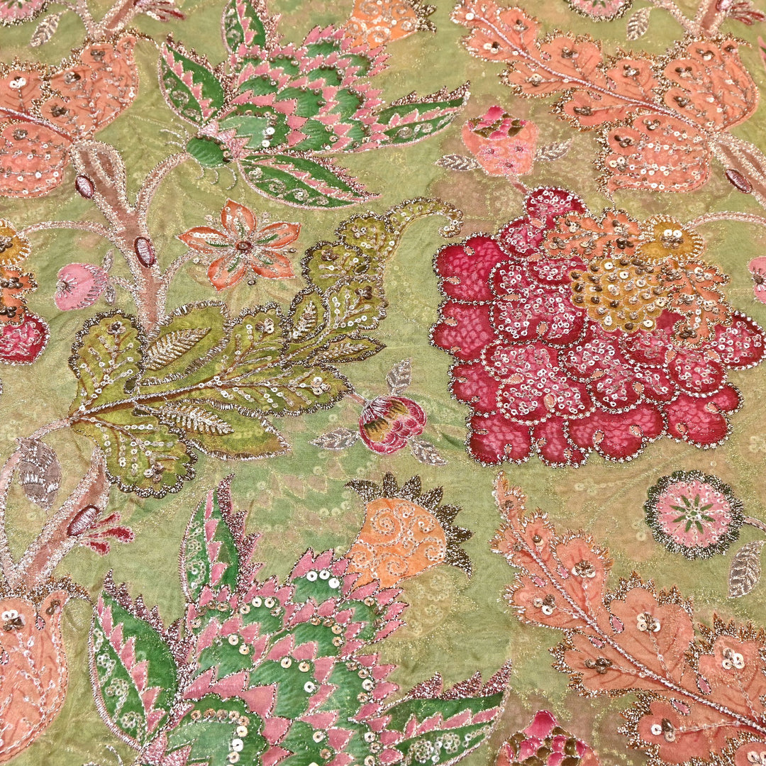 Premium Viscose Organza Position Print Fabric with Zari Sequins Embroidery- YC4398-3