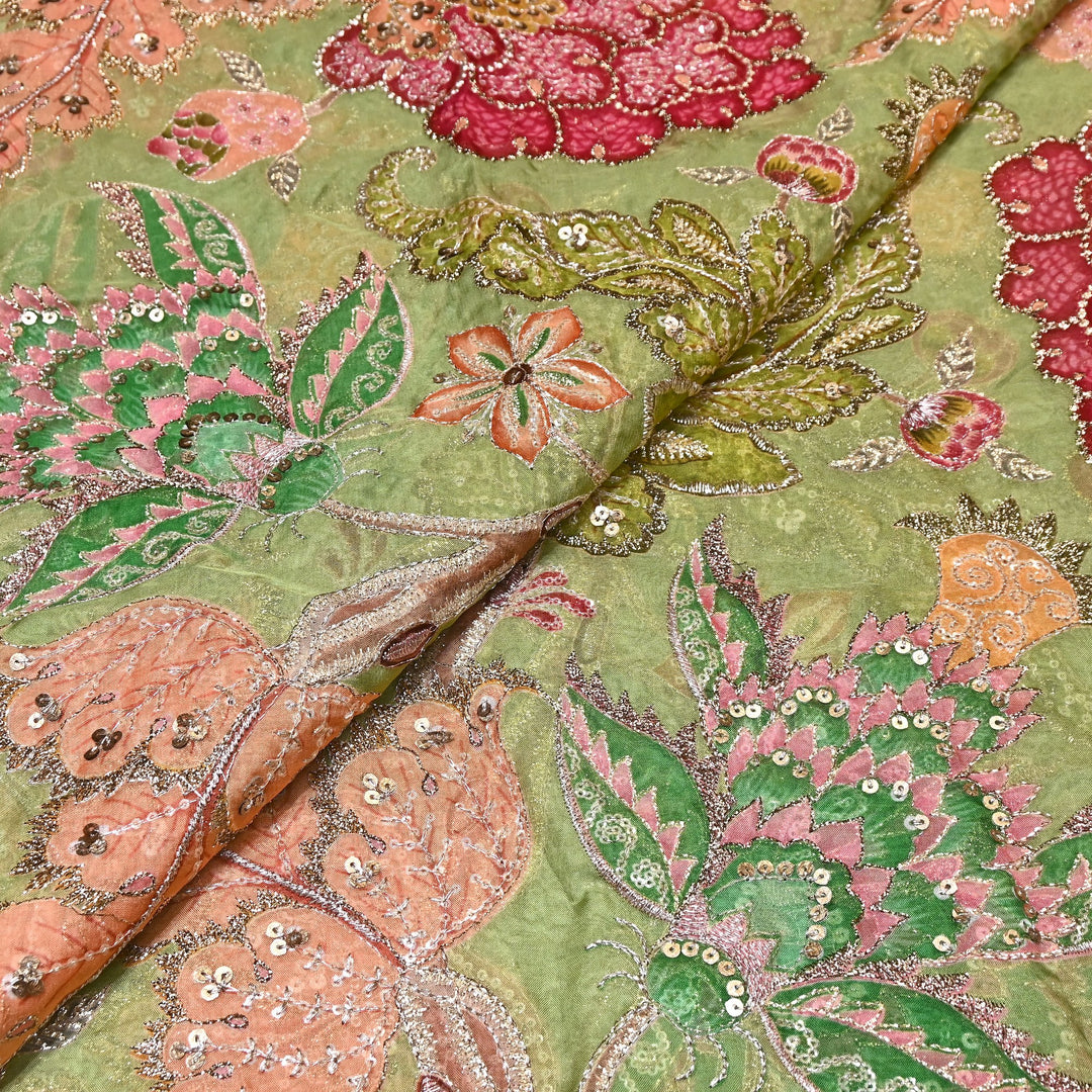 Premium Viscose Organza Position Print Fabric with Zari Sequins Embroidery- YC4398-3