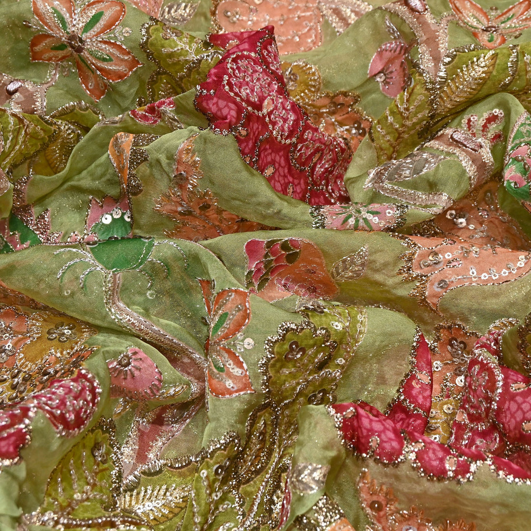 Premium Viscose Organza Position Print Fabric with Zari Sequins Embroidery- YC4398-3