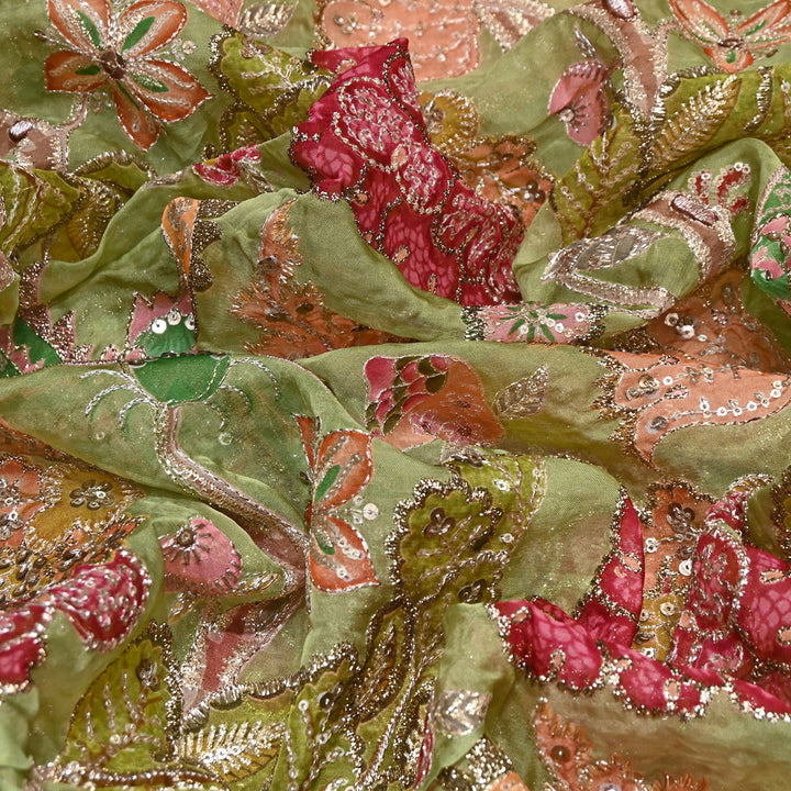 Premium Viscose Organza Position Print Fabric with Zari Sequins Embroidery- YC4398-3
