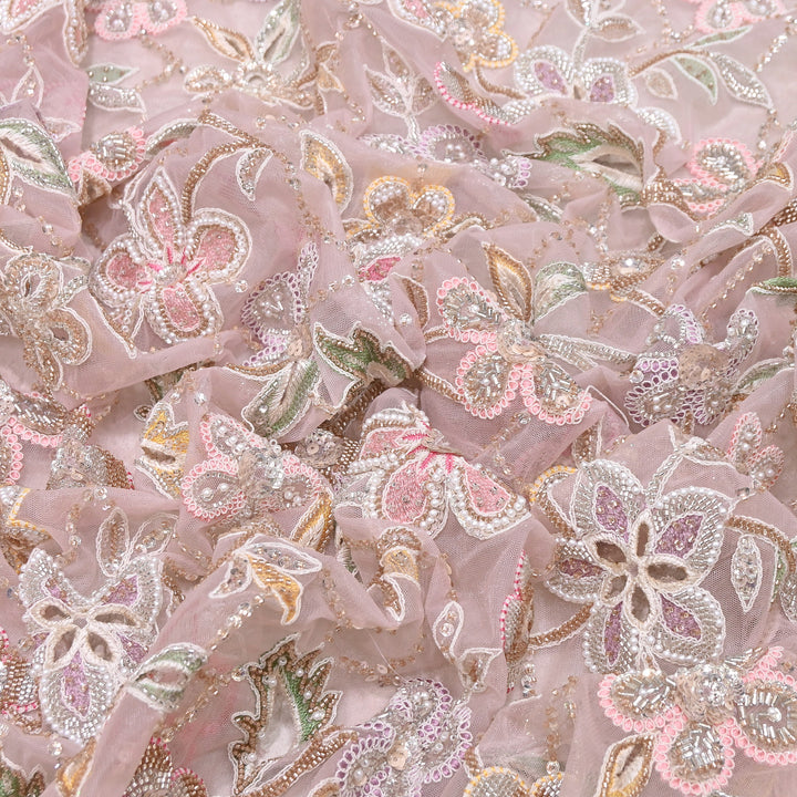 Premium Dyed Net Moti Sequins & Thread Work Embroidery Fabric | VI3345C-03