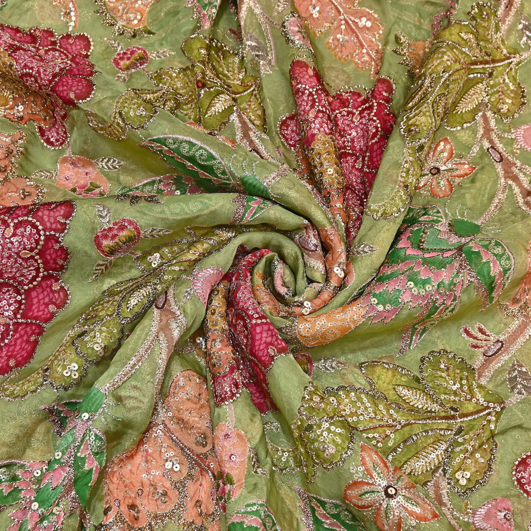 Premium Viscose Organza Position Print Fabric with Zari Sequins Embroidery- YC4398-3
