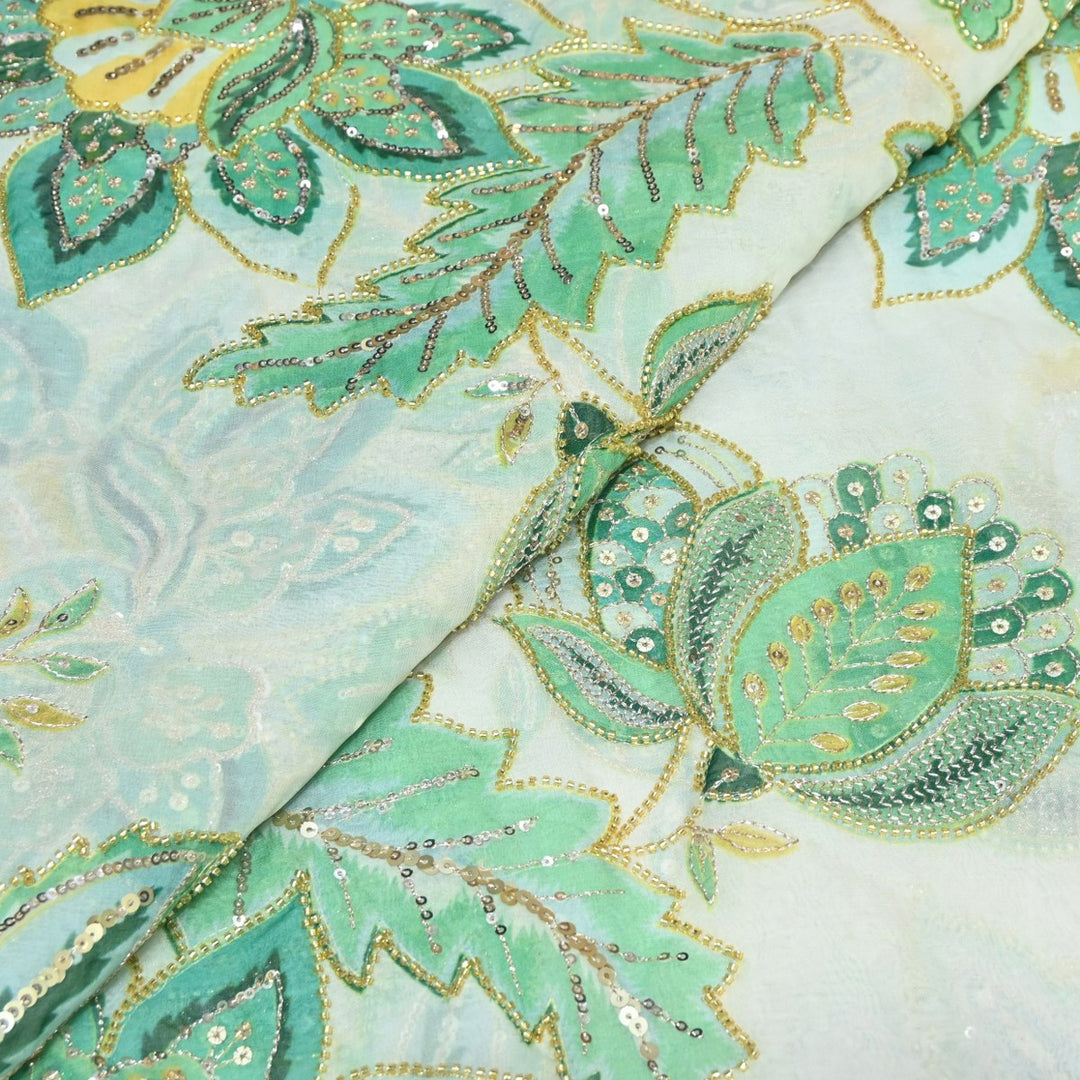 Viscose Organza Position Print Zari & Sequins Embroidery Fabric – Premium Designer Fabric-V1800C-1