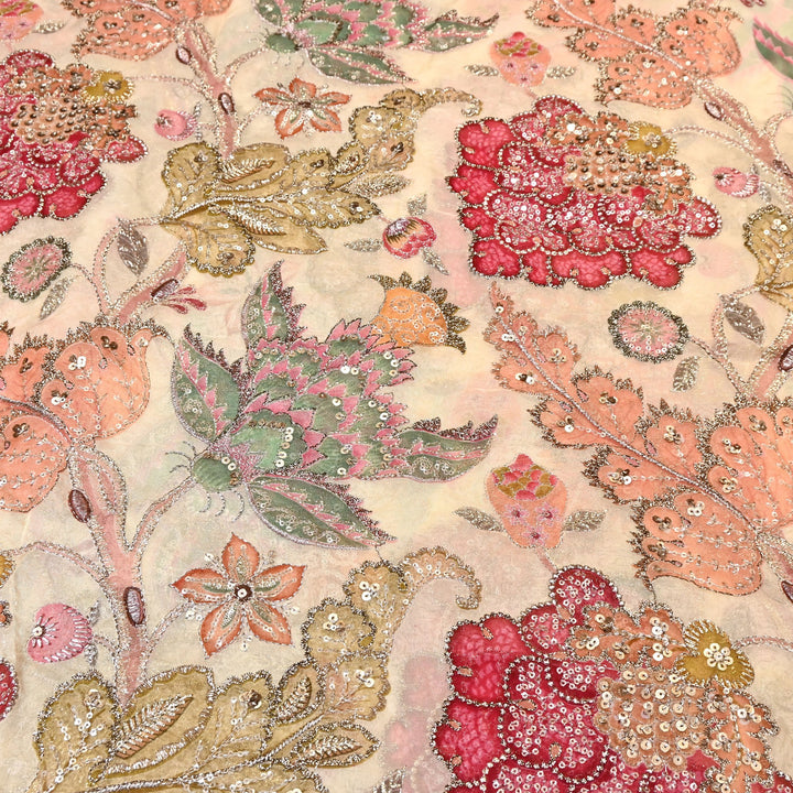 Premium Viscose Organza Position Print Fabric with Zari Sequins Embroidery- YC4398-4