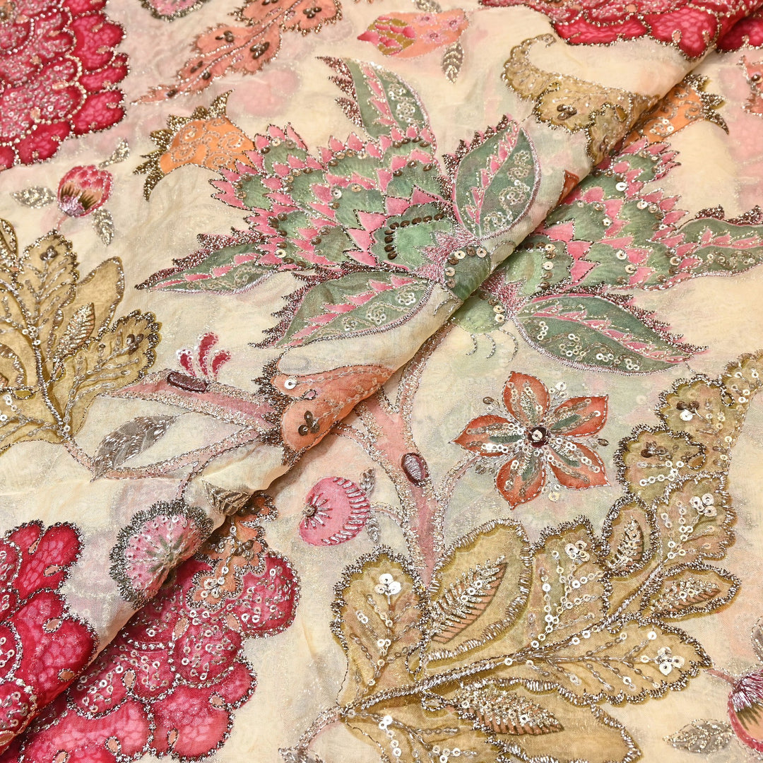 Premium Viscose Organza Position Print Fabric with Zari Sequins Embroidery- YC4398-4