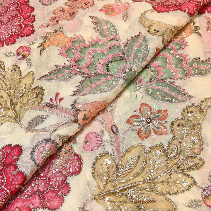 Premium Viscose Organza Position Print Fabric with Zari Sequins Embroidery- YC4398-4