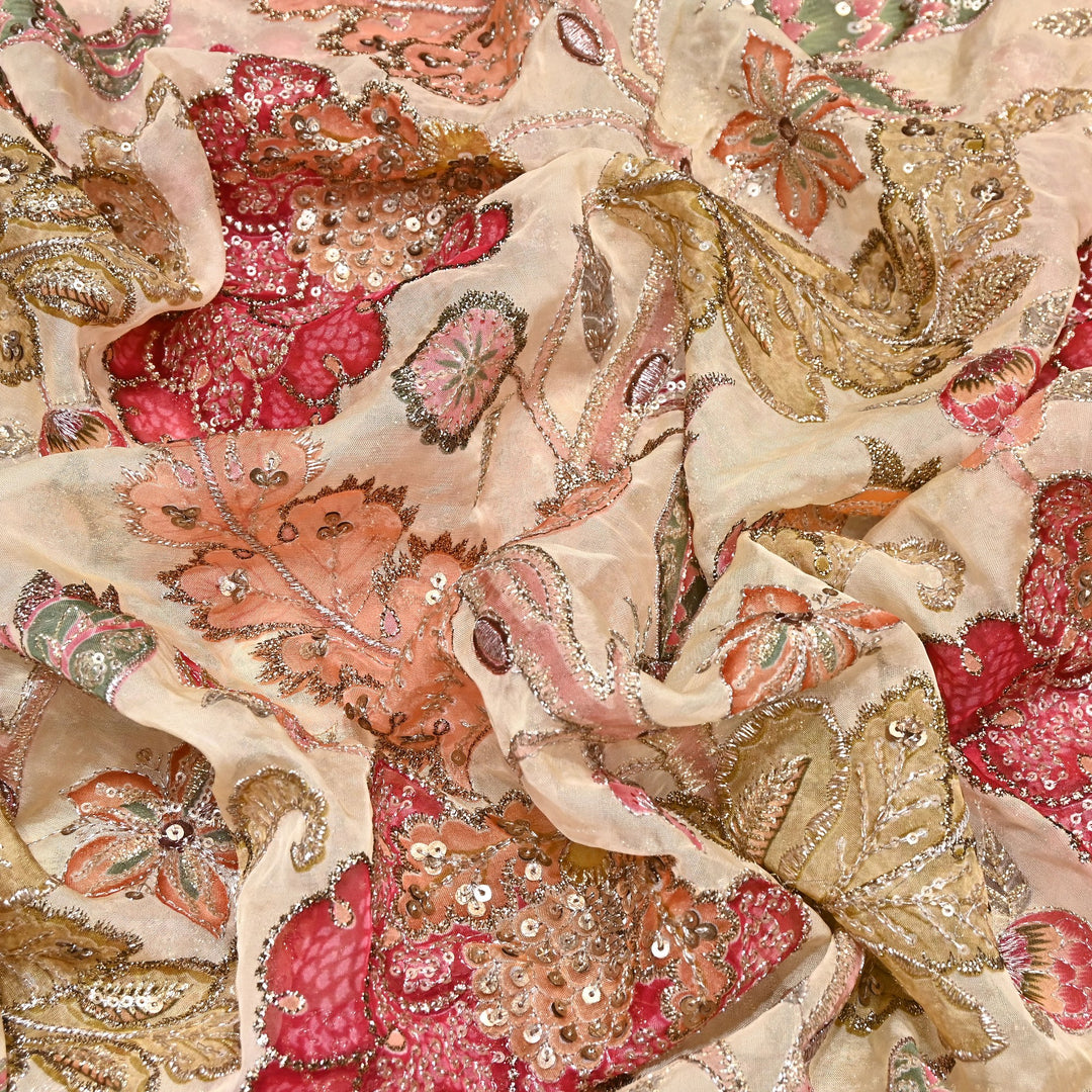 Premium Viscose Organza Position Print Fabric with Zari Sequins Embroidery- YC4398-4