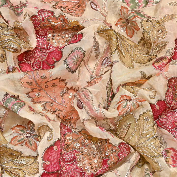 Premium Viscose Organza Position Print Fabric with Zari Sequins Embroidery- YC4398-4