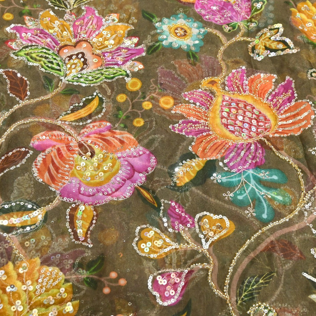Viscose Organza Position Print Cutdana & Sequins Embroidery Fabric – Premium Designer Fabric-VI1144C-1