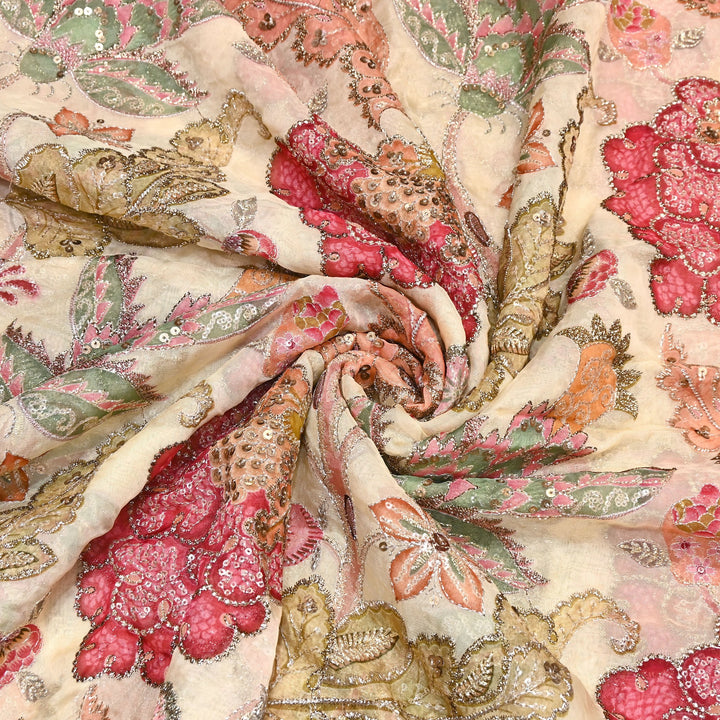 Premium Viscose Organza Position Print Fabric with Zari Sequins Embroidery- YC4398-4