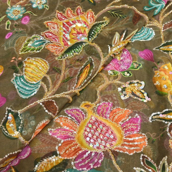 Viscose Organza Position Print Cutdana & Sequins Embroidery Fabric – Premium Designer Fabric-VI1144C-1