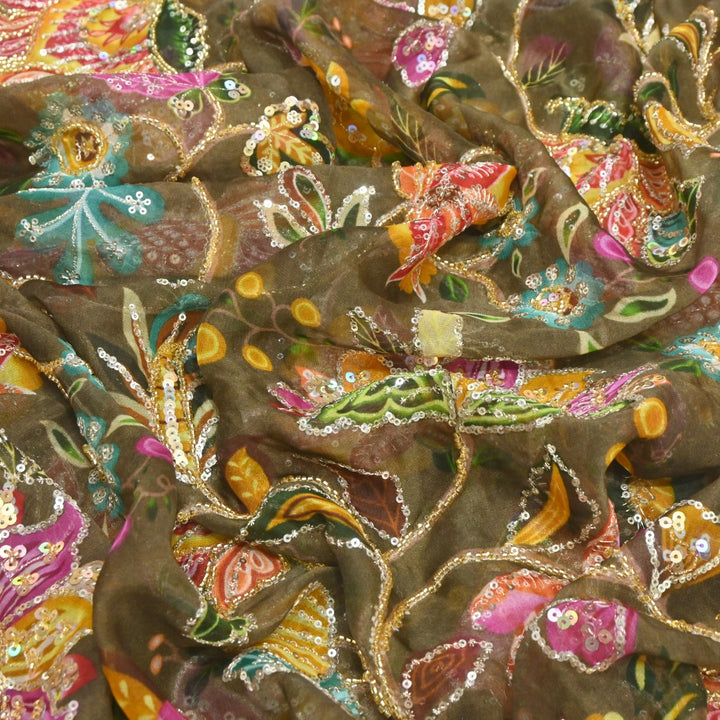 Viscose Organza Position Print Cutdana & Sequins Embroidery Fabric – Premium Designer Fabric-VI1144C-1