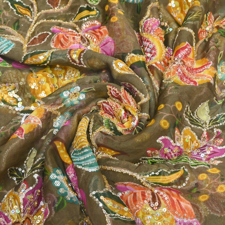 Viscose Organza Position Print Cutdana & Sequins Embroidery Fabric – Premium Designer Fabric-VI1144C-1