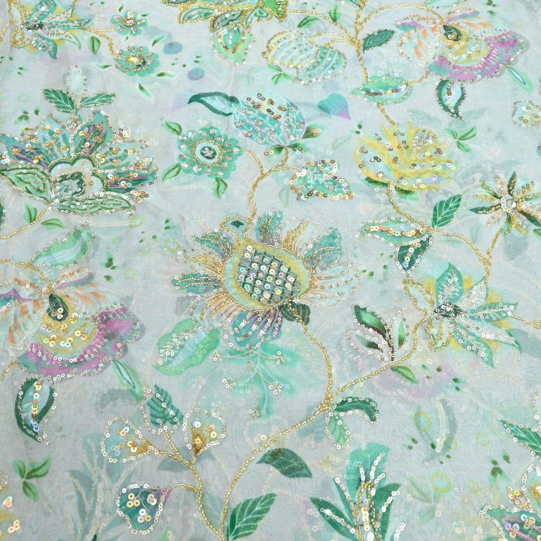 Viscose Organza Position Print Cutdana & Sequins Embroidery Fabric – Premium Designer Fabric-VI1144C-2