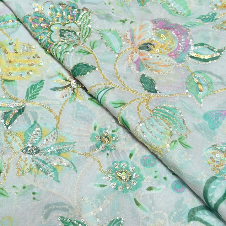 Viscose Organza Position Print Cutdana & Sequins Embroidery Fabric – Premium Designer Fabric-VI1144C-2