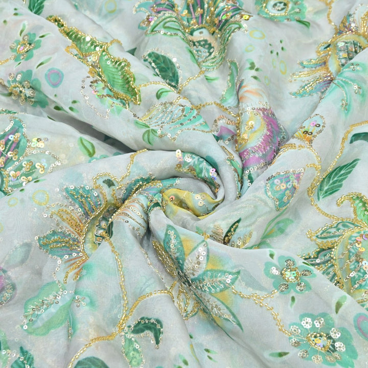 Viscose Organza Position Print Cutdana & Sequins Embroidery Fabric – Premium Designer Fabric-VI1144C-2