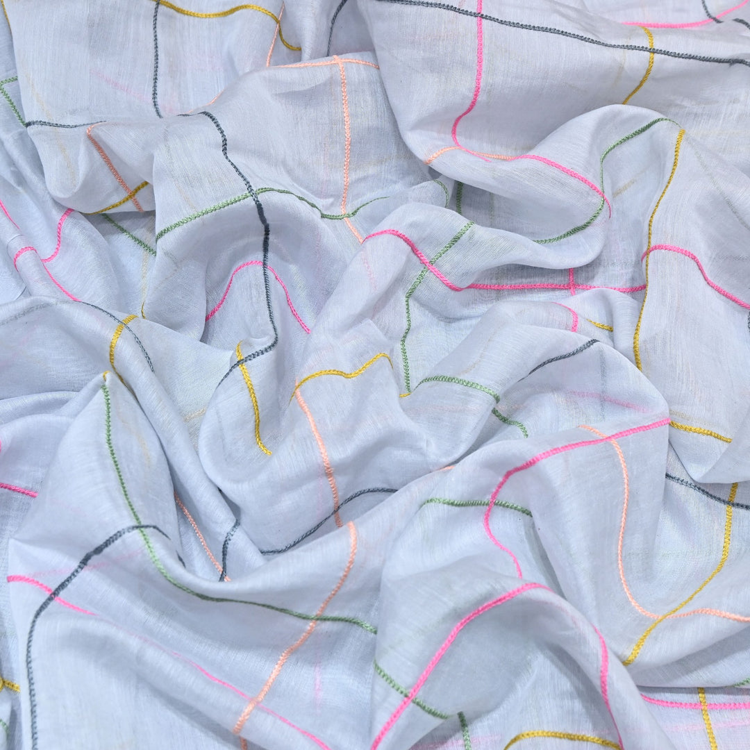 Premium Mul Chanderi Multicolor Thread Work Fabric - V2220C-04