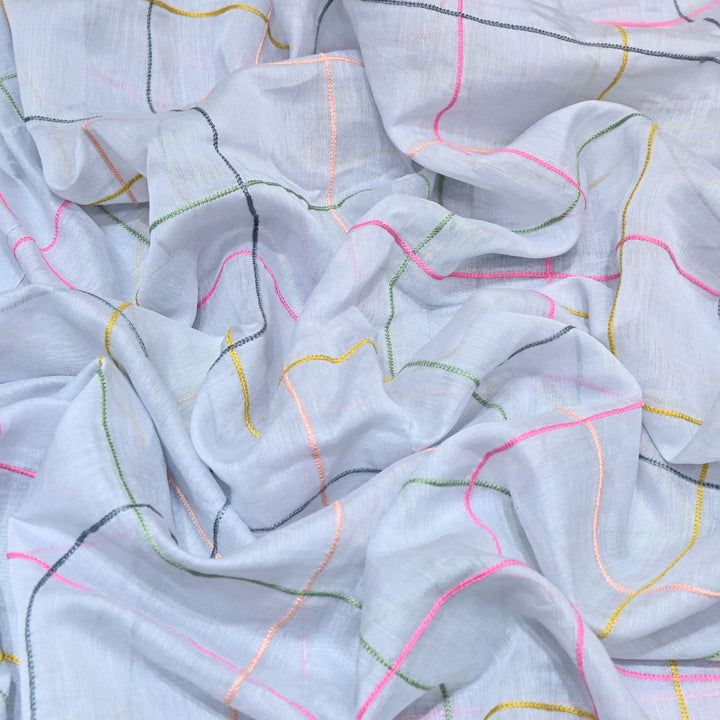 Premium Mul Chanderi Multicolor Thread Work Fabric - V2220C-04
