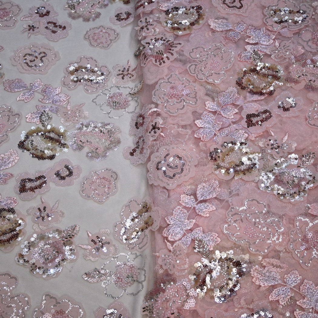 Cut Dana and Sequin Embroidered Fabric with Patch Design on Imported Net