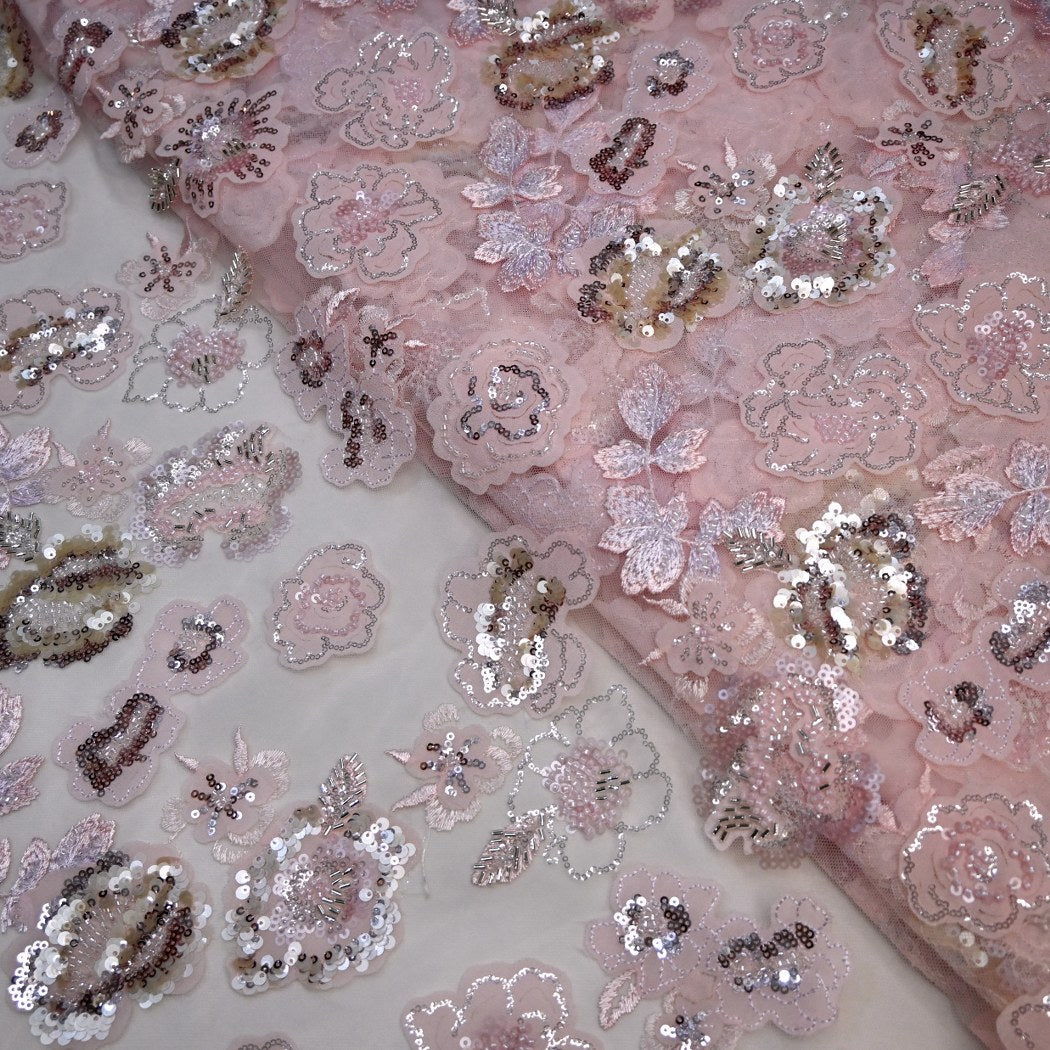 Cut Dana and Sequin Embroidered Fabric with Patch Design on Imported Net