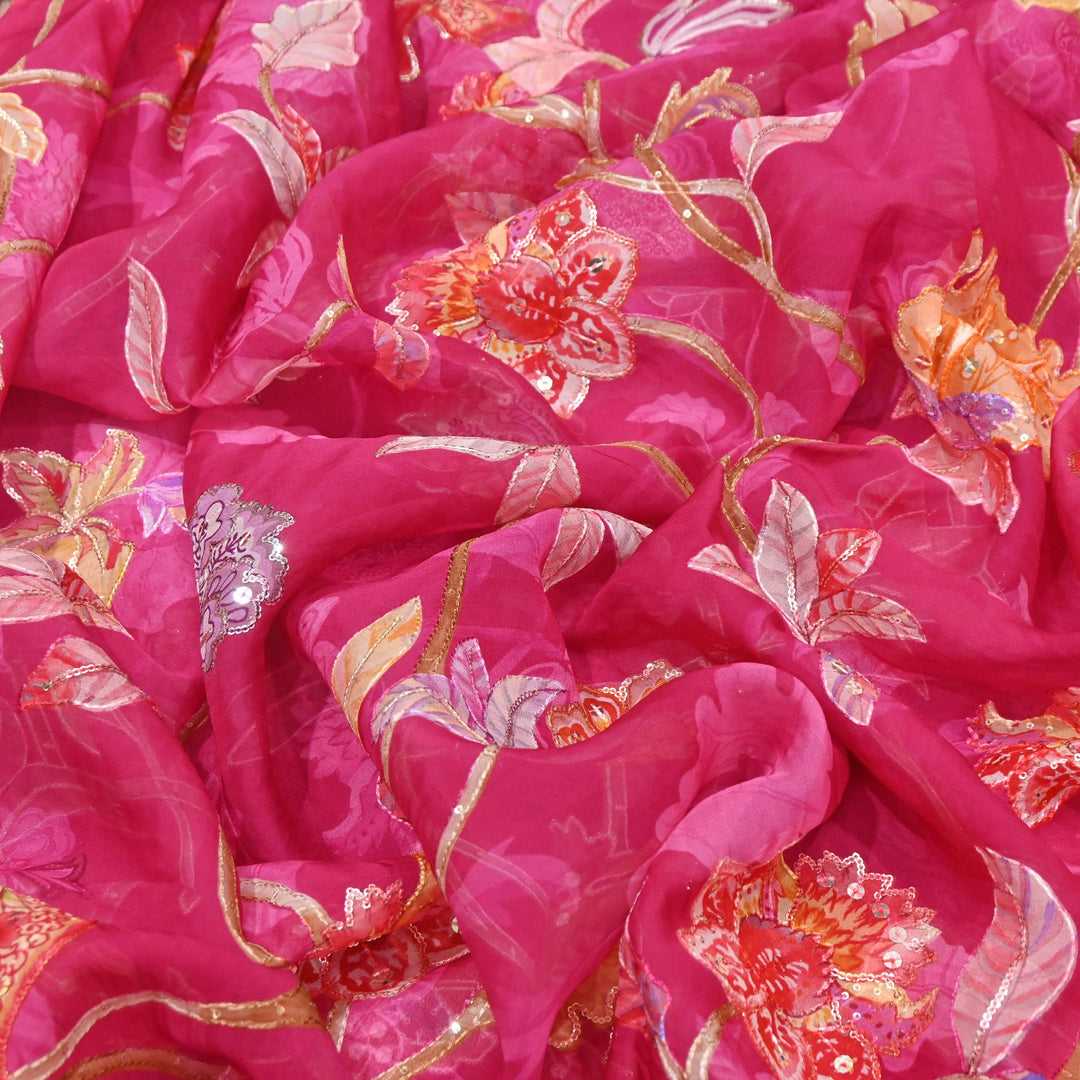 Organza Digital Print with Sequins Embroidery Fabric – Lightweight Designer Organza Fabric-0E1978-2