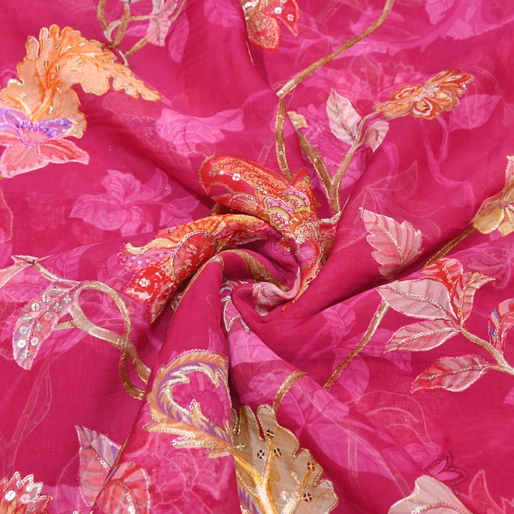 Organza Digital Print with Sequins Embroidery Fabric – Lightweight Designer Organza Fabric-0E1978-2