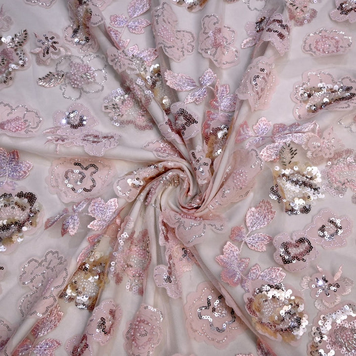 Cut Dana and Sequin Embroidered Fabric with Patch Design on Imported Net