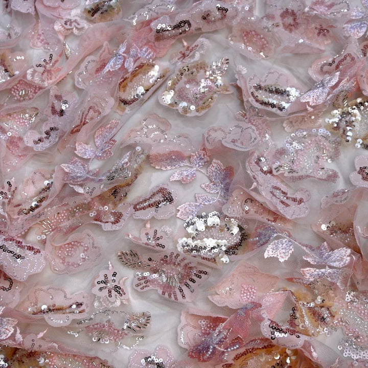 Cut Dana and Sequin Embroidered Fabric with Patch Design on Imported Net