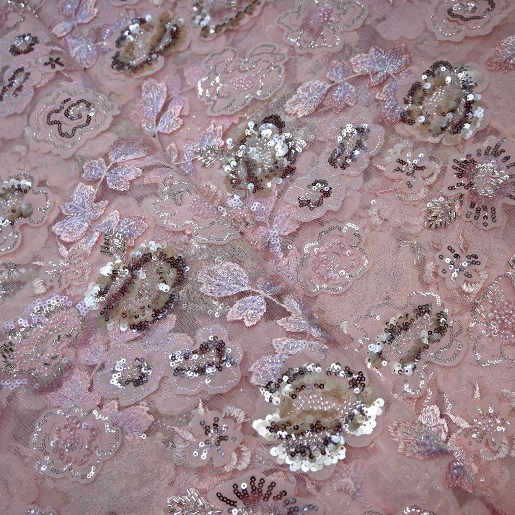 Cut Dana and Sequin Embroidered Fabric with Patch Design on Imported Net