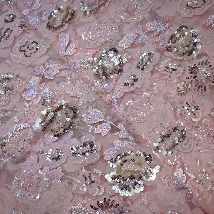 Cut Dana and Sequin Embroidered Fabric with Patch Design on Imported Net