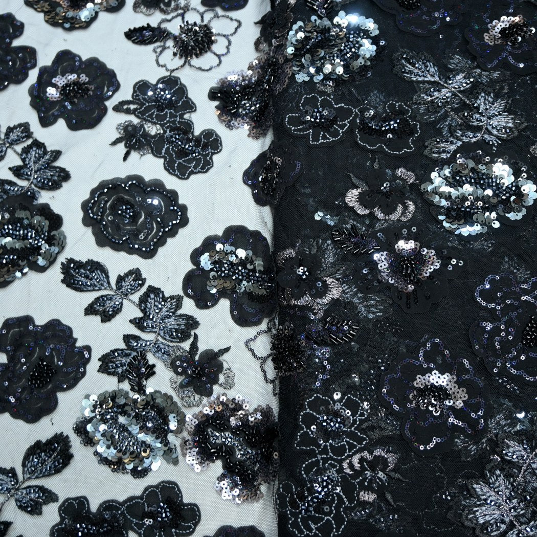 Cut Dana and Sequin Embroidered Fabric with Patch Design on Imported Net