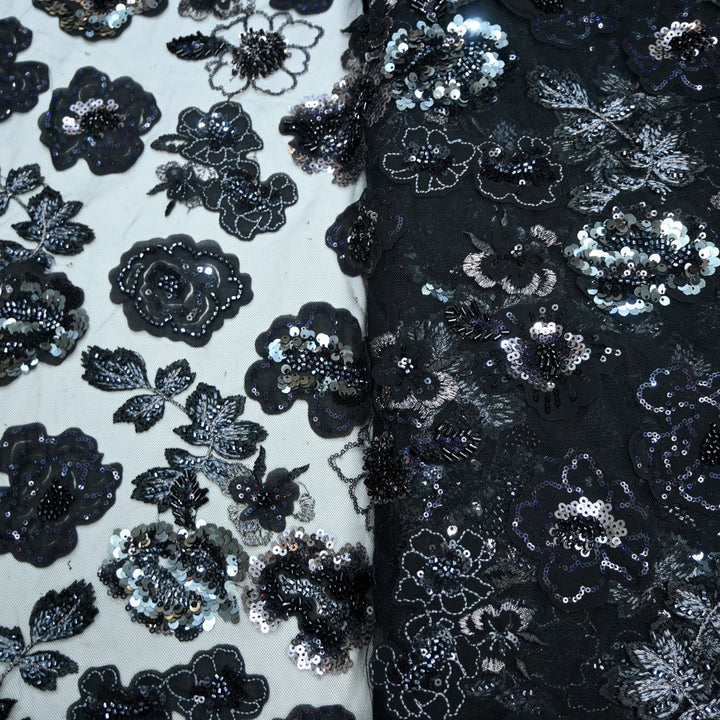 Cut Dana and Sequin Embroidered Fabric with Patch Design on Imported Net