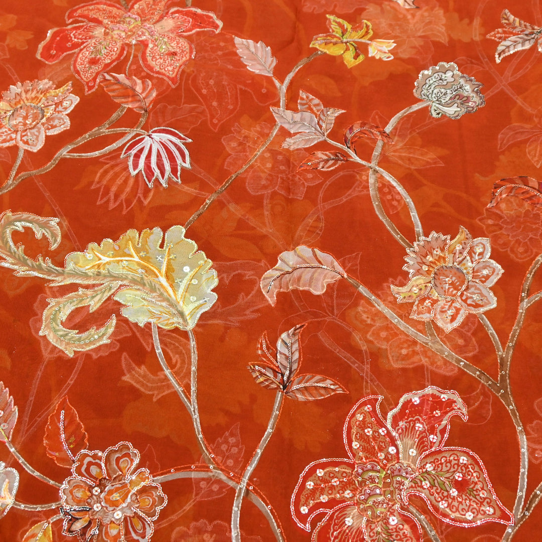 Organza Digital Print with Sequins Embroidery Fabric – Lightweight Designer Organza Fabric-0E1978-4