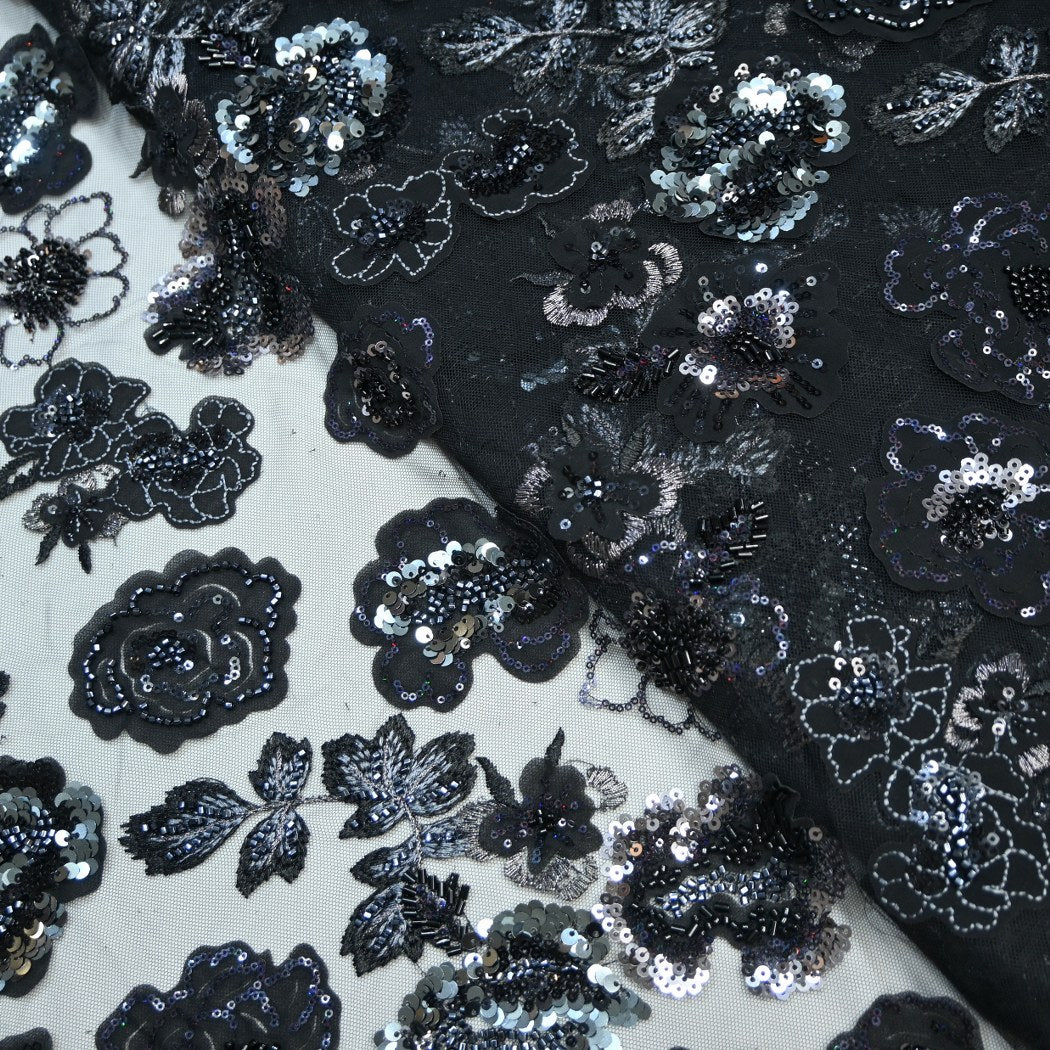 Cut Dana and Sequin Embroidered Fabric with Patch Design on Imported Net