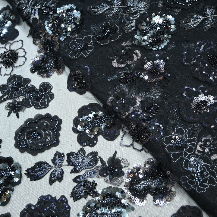 Cut Dana and Sequin Embroidered Fabric with Patch Design on Imported Net