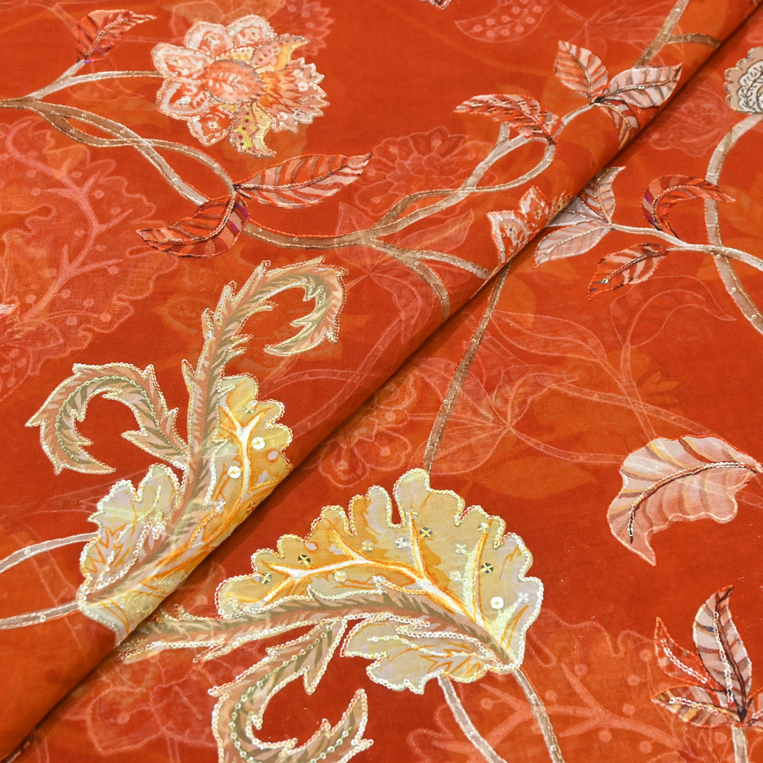 Organza Digital Print with Sequins Embroidery Fabric – Lightweight Designer Organza Fabric-0E1978-4