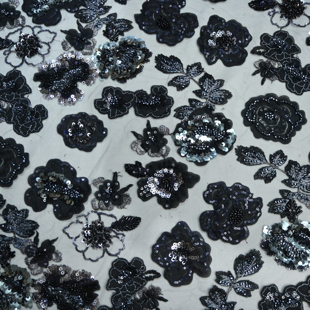 Cut Dana and Sequin Embroidered Fabric with Patch Design on Imported Net