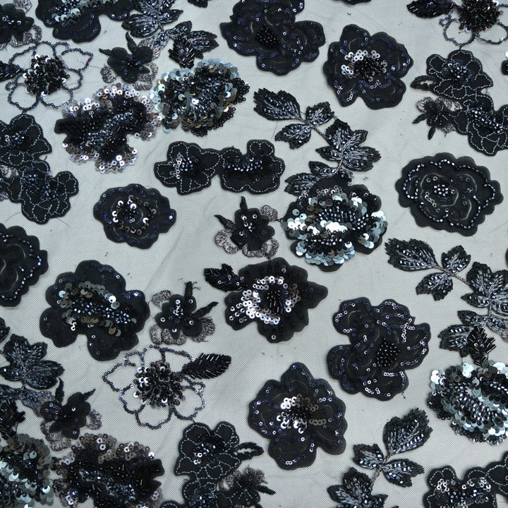 Cut Dana and Sequin Embroidered Fabric with Patch Design on Imported Net