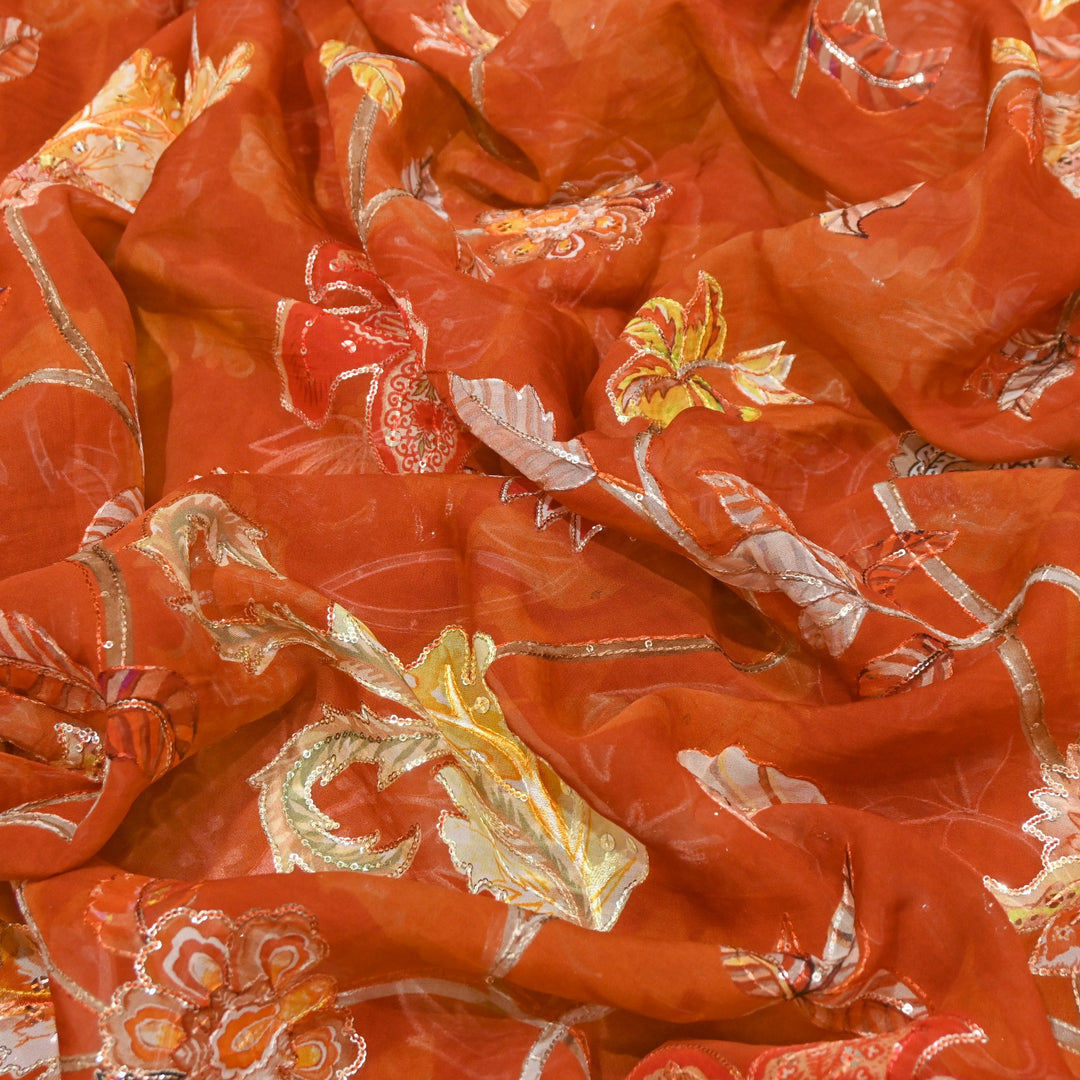 Organza Digital Print with Sequins Embroidery Fabric – Lightweight Designer Organza Fabric-0E1978-4