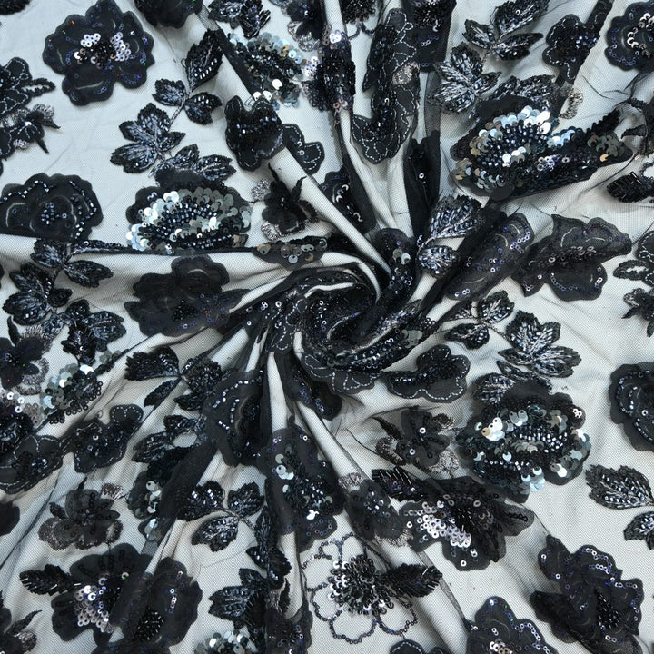 Cut Dana and Sequin Embroidered Fabric with Patch Design on Imported Net