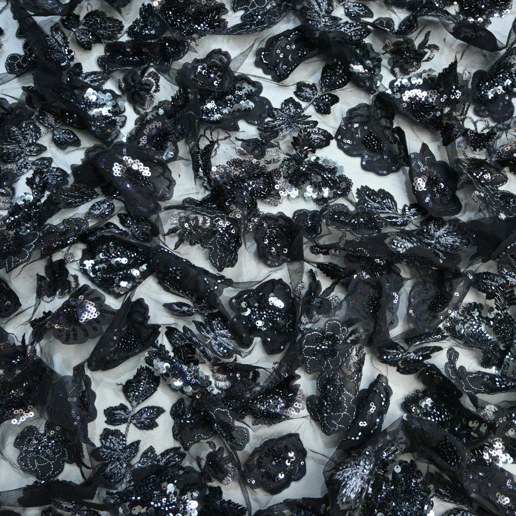 Cut Dana and Sequin Embroidered Fabric with Patch Design on Imported Net