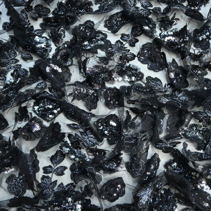 Cut Dana and Sequin Embroidered Fabric with Patch Design on Imported Net