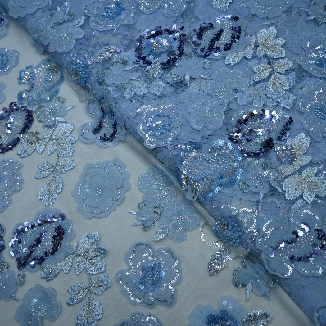 Cut Dana and Sequin Embroidered Fabric with Patch Design on Imported Net