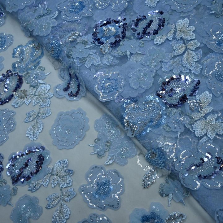 Cut Dana and Sequin Embroidered Fabric with Patch Design on Imported Net