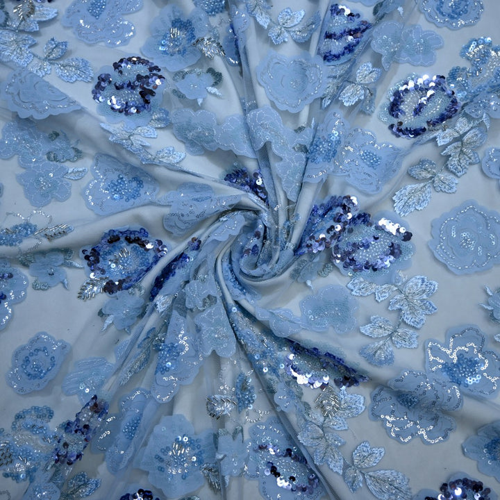 Cut Dana and Sequin Embroidered Fabric with Patch Design on Imported Net