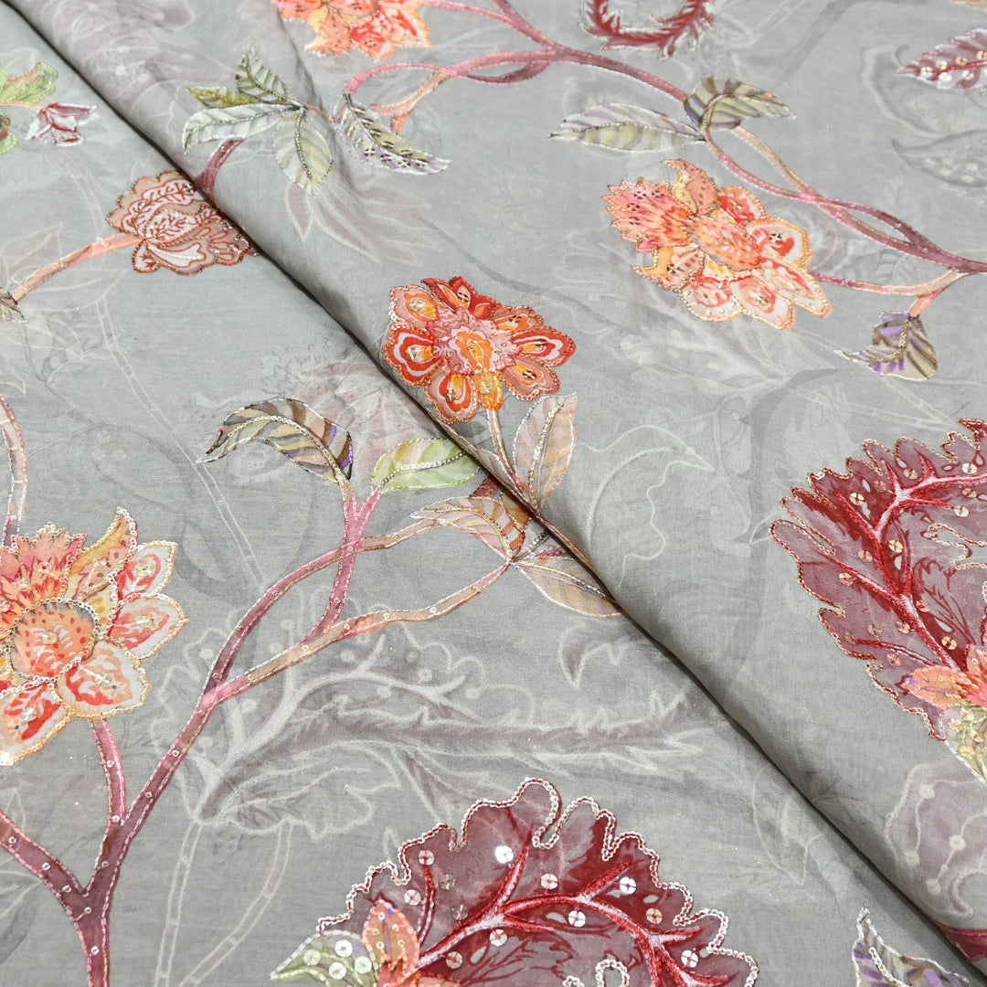 Organza Digital Print with Sequins Embroidery Fabric – Lightweight Designer Organza Fabric-0E1978-7