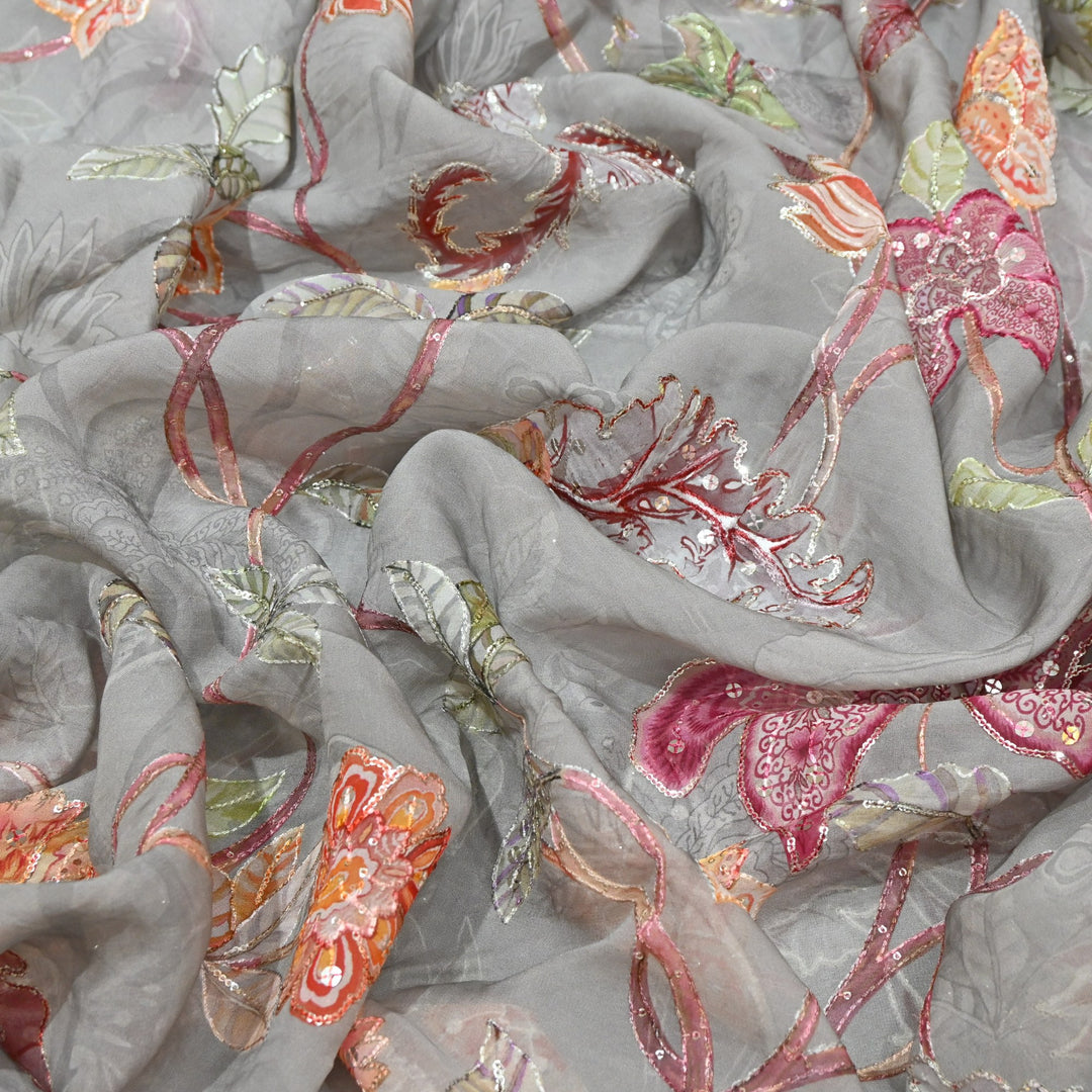 Organza Digital Print with Sequins Embroidery Fabric – Lightweight Designer Organza Fabric-0E1978-7