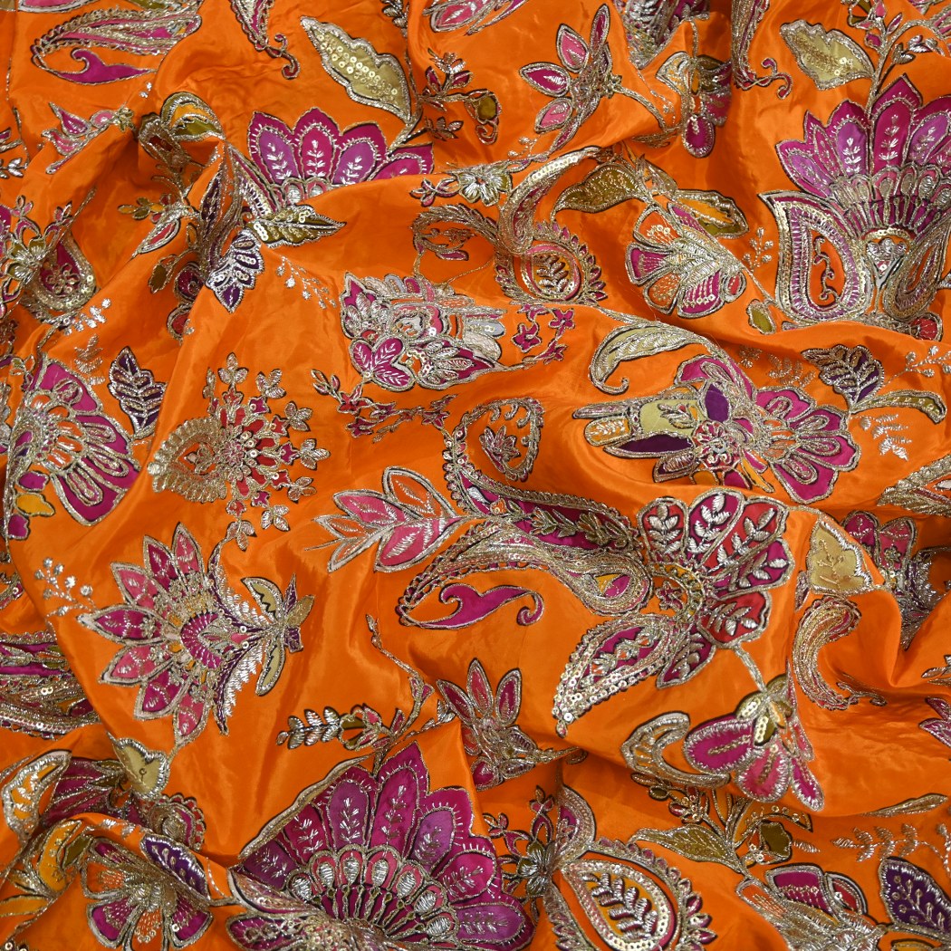 Crepe Position Print With Zari Sequins Embroidery